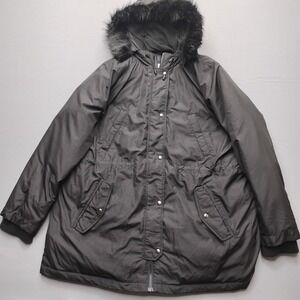 Gap Womens XXL Black Down Parka Faux Fur Trim Hood Puffer Winter Coat Jacket